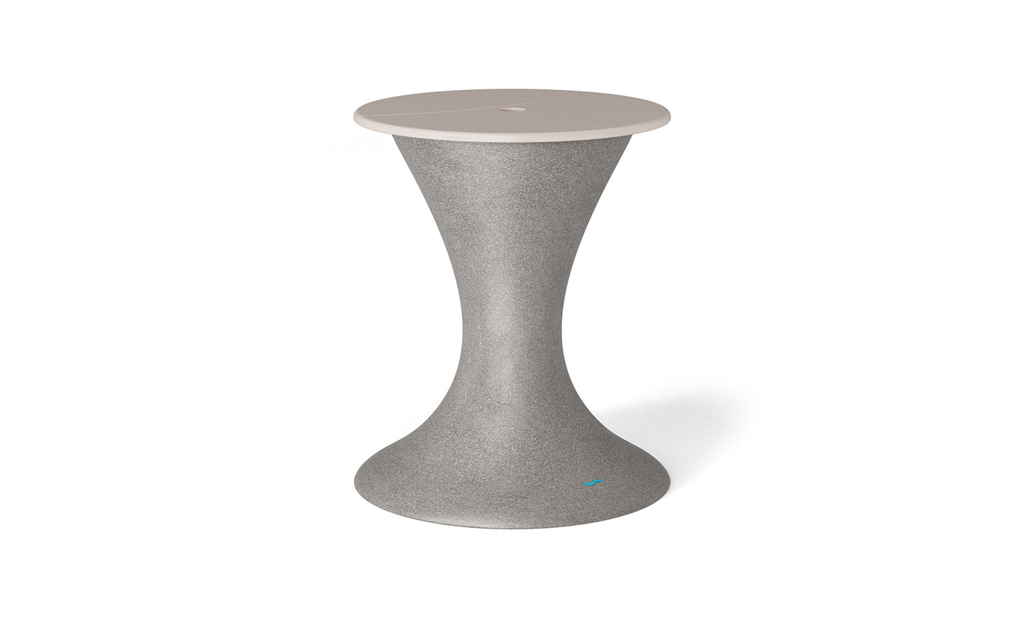The Autograph Umbrella Stand Ice Bin by Ledge Lounger, featuring a tall, hourglass design with a gray speckled body and light beige top, serves as an elegant outdoor table or stool to enhance any patio setup.