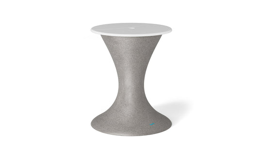 The Autograph Umbrella Stand Ice Bin by Ledge Lounger is a sleek, hourglass-shaped piece in gray with a white top, perfect as an outdoor table centerpiece. Its minimalist design offers style and functionality, standing out against a plain white backdrop.