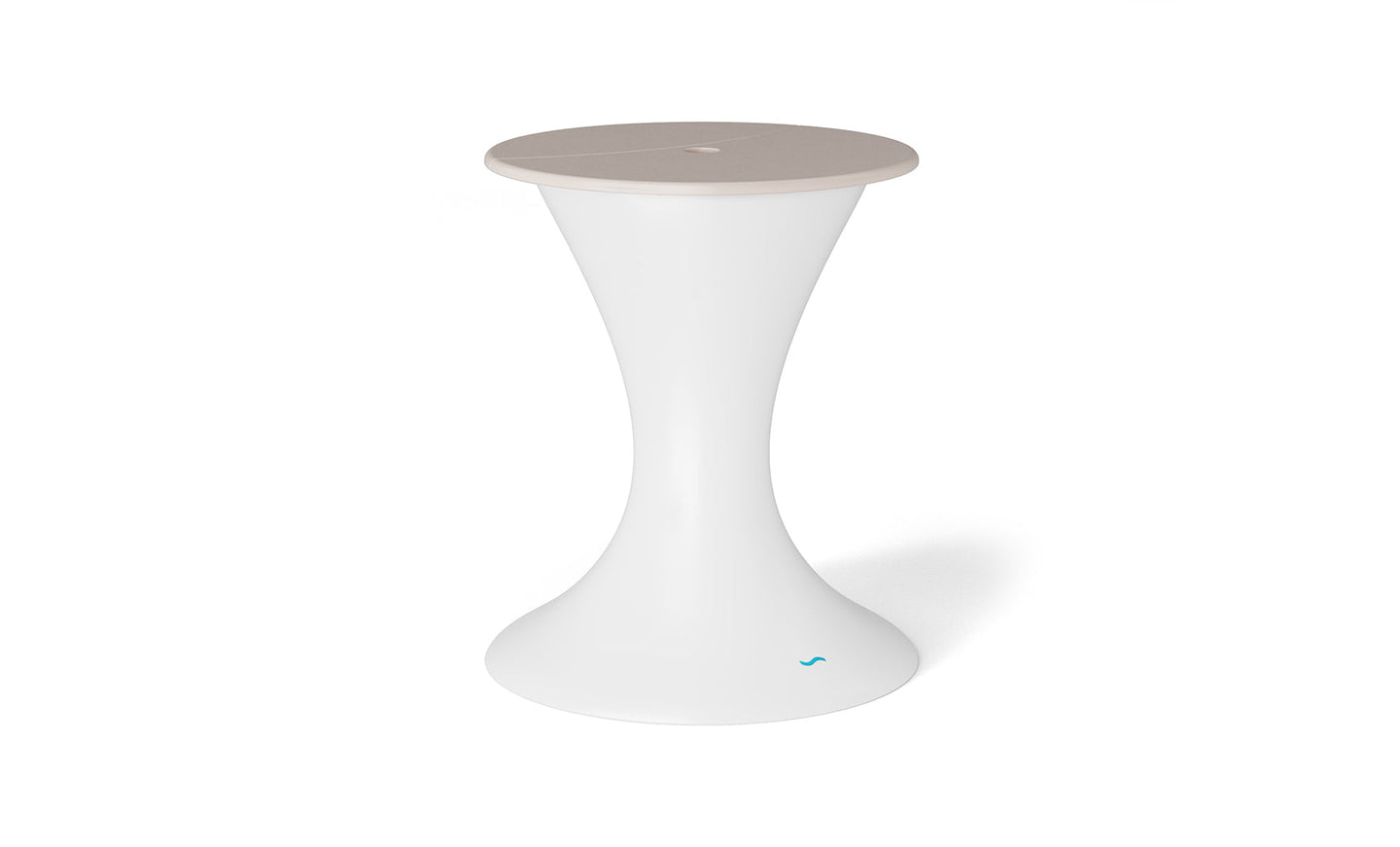 The Autograph Umbrella Stand Ice Bin by Ledge Lounger features a sleek white pedestal with a flared base and a beige circular top, doubling as an elegant outdoor table, set against a plain white backdrop.