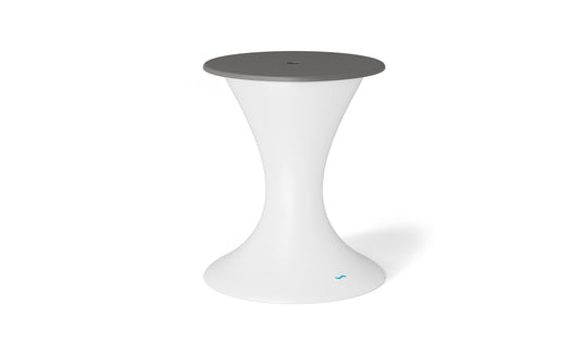 The Autograph Umbrella Stand Ice Bin by Ledge Lounger is a sleek, modern piece with an hourglass shape and a dark gray circular top. Its ideal for outdoor use, offering stability with its wider base and featuring a subtle logo near the bottom for an elegant touch.
