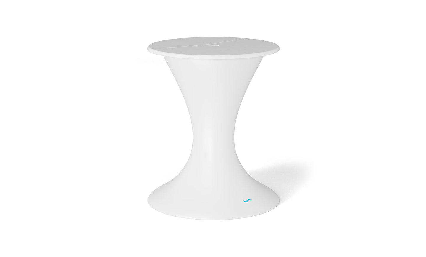 The Autograph Umbrella Stand Ice Bin by Ledge Lounger is a sleek, modern white side table in a flared hourglass shape, ideal for outdoor settings. It has a round top and base with minimalist elegance and a subtle blue accent on the bottom edge for serenity.