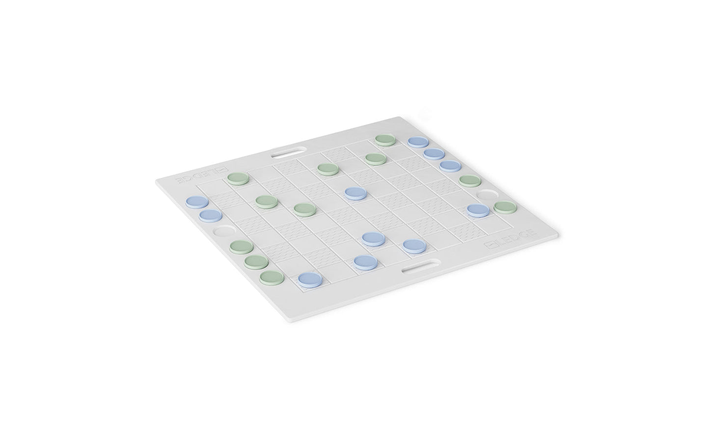 The Ledge Lounger Checkers & Tic Tac Toe board features a white checkered design with green and blue pieces. The grid pattern and side handles suggest a setup perfect for strategic abstract or giant lawn games.