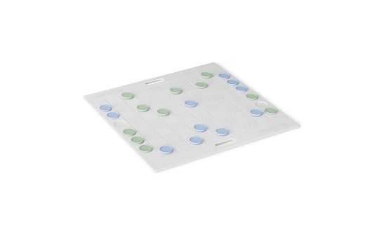 The Ledge Lounger Checkers & Tic Tac Toe board features a white checkered design with green and blue pieces. The grid pattern and side handles suggest a setup perfect for strategic abstract or giant lawn games.