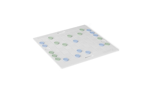 The Ledge Lounger Checkers & Tic Tac Toe board features a white checkered design with green and blue pieces. The grid pattern and side handles suggest a setup perfect for strategic abstract or giant lawn games.