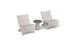 Two Classic Luxury In-Pool Chair Duos from Ledge Lounger in a minimalist beige with curved designs flank a small matching side table with a darker tabletop, exuding elegance and ideal for outdoor or patio use.
