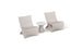 Two Classic Luxury In-Pool Chair Duo from Ledge Lounger with modern beige curves flank a small round side table with a white top. This sleek, minimalist setup is perfect for a patio or outdoor seating area.