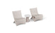 Two Classic Luxury In-Pool Chair Duo from Ledge Lounger with modern beige curves flank a small round side table with a white top. This sleek, minimalist setup is perfect for a patio or outdoor seating area.