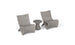 Two Classic Luxury In-Pool Chair Duo pieces from Ledge Lounger, in a modern gray hue with curved backs and seats, are placed beside a matching round side table. The set boasts a minimalist, sculptural design.