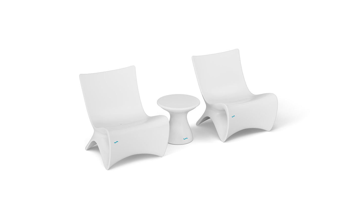Two Classic Luxury In-Pool Chair Duo from Ledge Lounger, featuring sleek curved designs in modern white, stand beside a petite round side table. Set against a plain white backdrop, this arrangement creates a minimalist and contemporary atmosphere.