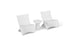 Two Classic Luxury In-Pool Chair Duo from Ledge Lounger, featuring sleek curved designs in modern white, stand beside a petite round side table. Set against a plain white backdrop, this arrangement creates a minimalist and contemporary atmosphere.