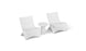Two Classic Luxury In-Pool Chair Duo from Ledge Lounger, featuring sleek curved designs in modern white, stand beside a petite round side table. Set against a plain white backdrop, this arrangement creates a minimalist and contemporary atmosphere.