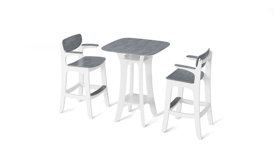 The Haven Hightop Set by Ledge Lounger is a modern dining set with a rectangular gray tabletop and two matching Haven chairs. Both the table and chairs have white frames, presenting a clean, minimalist design against a white background.