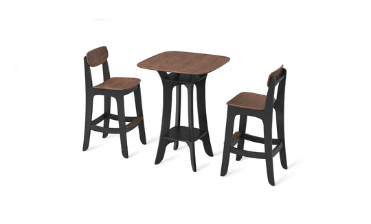 Ledge Loungers Haven Hightop Set includes a small wooden dining table with a dark brown finish and two matching chairs. The set features square table design with chairs having light brown backs and seats, combining simplicity with modern style.