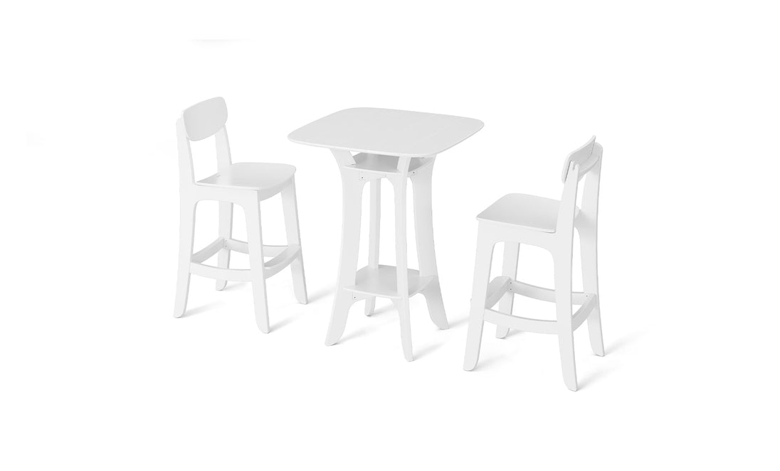 The Haven Hightop Set by Ledge Lounger includes a minimalist white rectangular table with a lower shelf and two sleek Haven chairs, all designed with clean lines for a modern aesthetic, set against a white background.