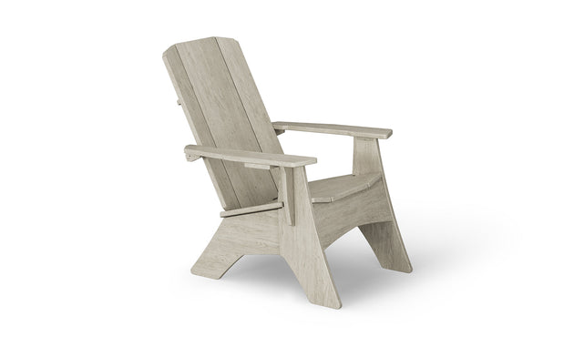 The Mainstay Ultimate Adirondack by Ledge Lounger, with its beige wood, angled design, wide armrests, and slatted back, is the perfect poolside furniture. Set against a white background, it promises relaxation as an ideal outdoor lounge chair.