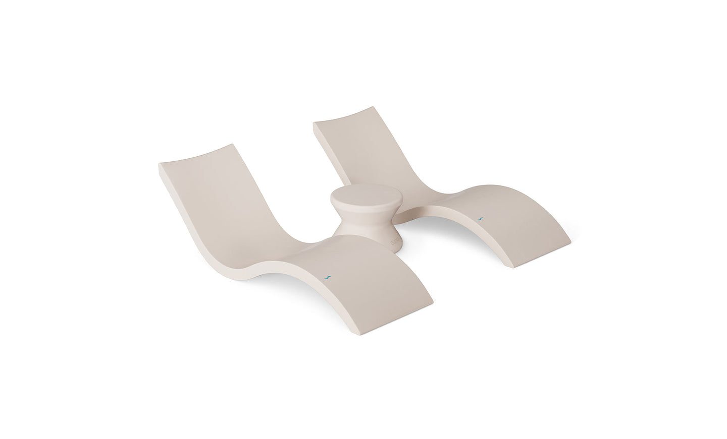 Experience the Outdoor Oasis In-Pool Furniture Bundle by Ledge Lounger, featuring dual beige lounge chairs with a modern wave-like design connected by a small round table, set elegantly against a plain white background.