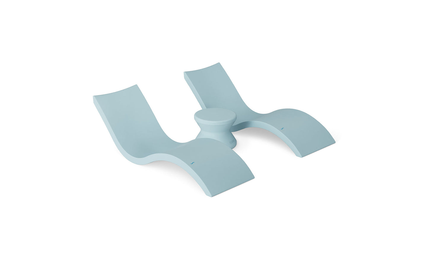 The Outdoor Oasis In-Pool Furniture Bundle by Ledge Lounger is a modern, sculptural double lounge chair in light blue, made of a smooth material. It has wave-like curves and a central circular table between the seats, perfect for sleek indoor or outdoor seating.