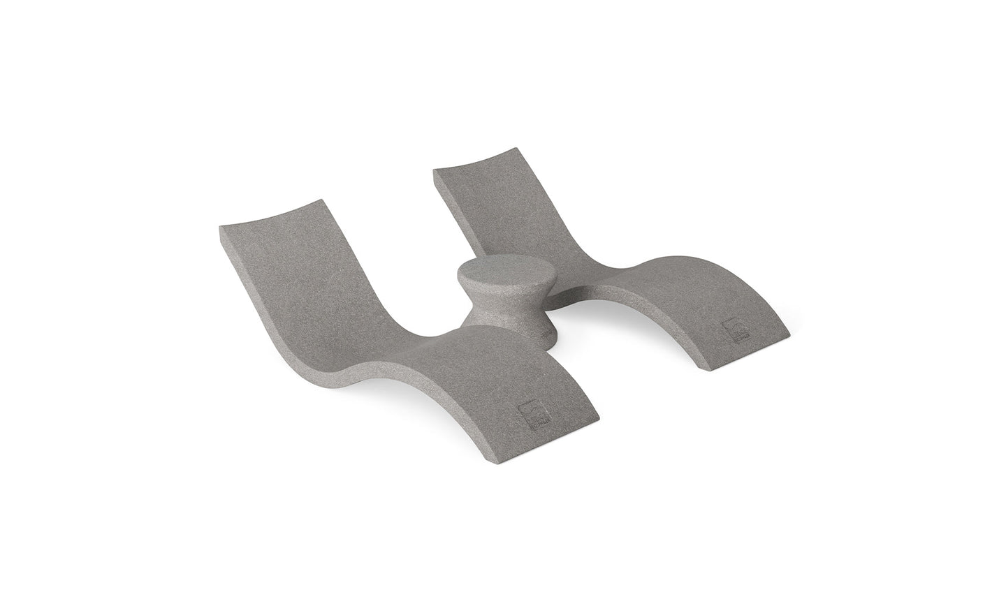 The Ledge Lounger Outdoor Oasis In-Pool Furniture Bundle features a gray, modern dual-seated chaise lounger with two curved platforms and a central support column, boasting smooth lines and a textured finish ideal for poolside essentials.