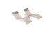 The Ledge Lounger Signature Chaise Headrest Pillow and Side Table In-Pool Set features two modern beige chaise loungers with gray headrest pillows, connected by a round center table, all styled for poolside chic against a white background.