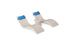 The Ledge Lounger Signature Chaise Headrest Pillow and Side Table In-Pool Set features two beige curved loungers with blue headrest pillows, linked by a central round side table, all shown on a plain white background.