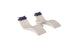 The Ledge Lounger Signature Chaise Headrest Pillow and Side Table In-Pool Set features two modern beige chaises with navy headrests, joined by a round table, all displayed against a white background.