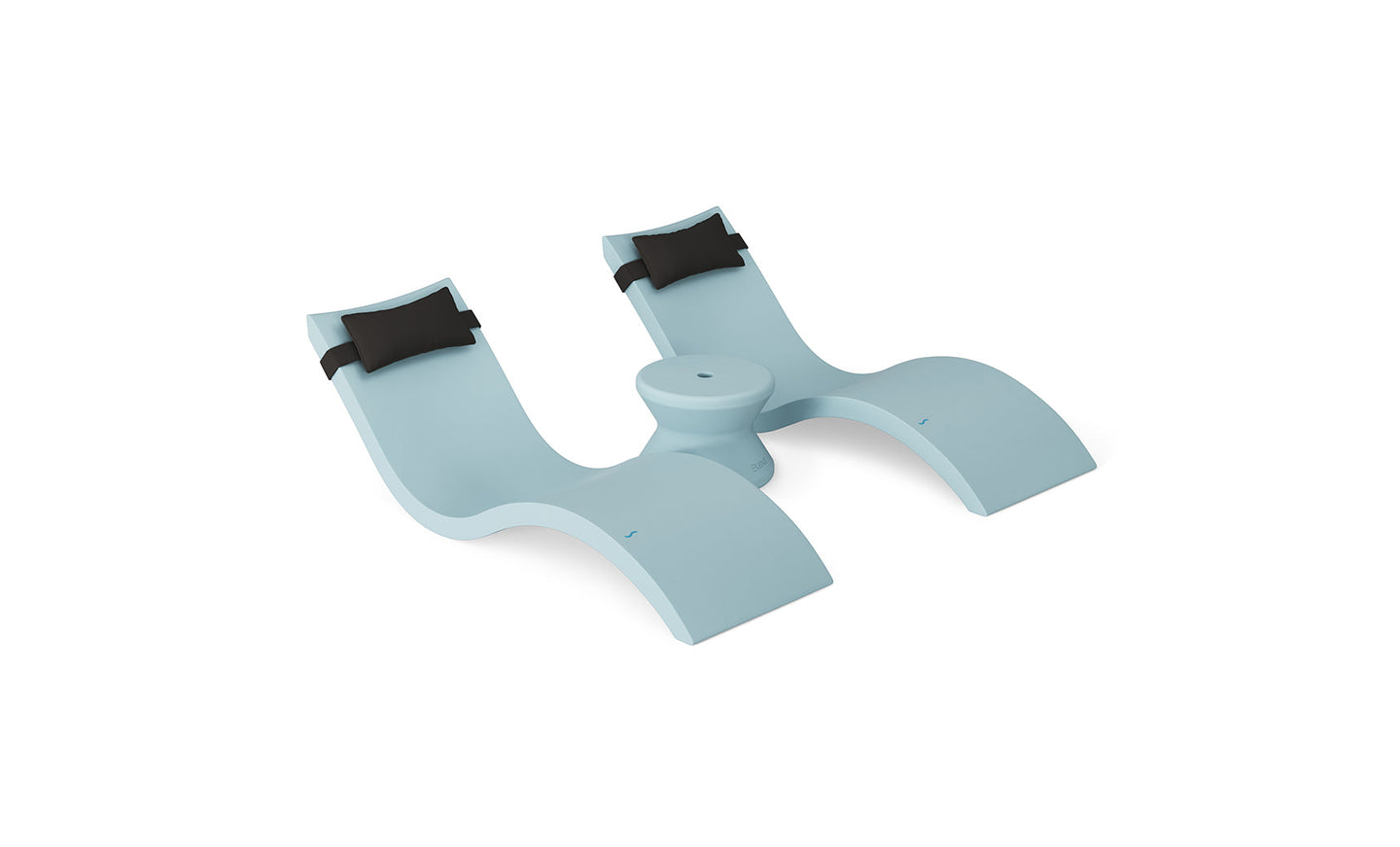 The Ledge Lounger Signature Chaise Headrest Pillow and Side Table In-Pool Set is a light blue, curved poolside seat for two, featuring black headrest pillows and a central connecting table for relaxing side by side.
