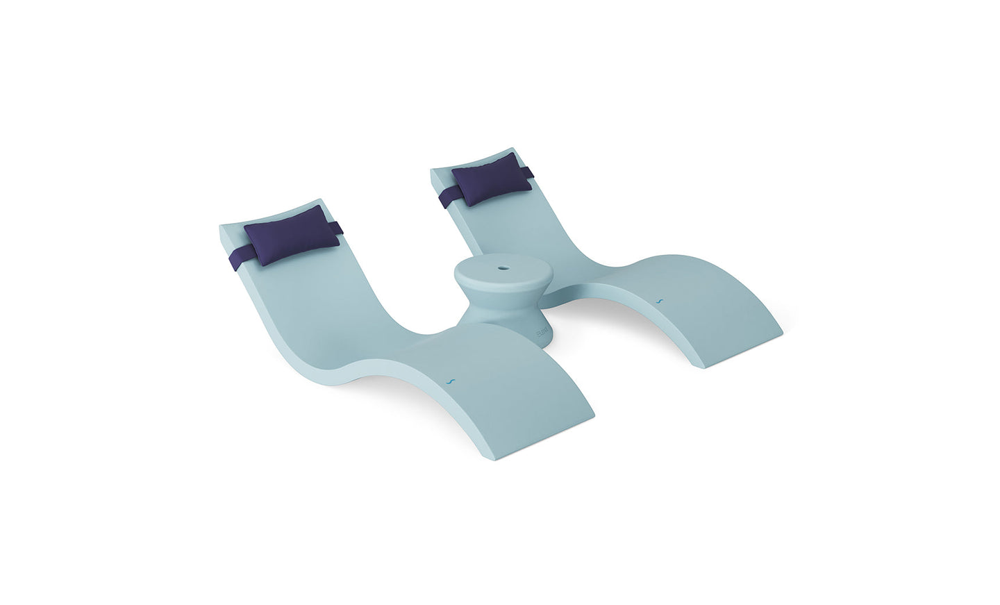 The Ledge Lounger Signature Chaise Headrest Pillow and Side Table In-Pool Set features contoured seats, curved leg rests, dark blue headrests, and a small circular table—perfect pool ledge furniture for your outdoor paradise.