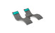 The Ledge Lounger Signature Chaise Headrest Pillow and Side Table In-Pool Set features double gray loungers with teal pillows and a small round table, creating an ideal outdoor paradise on a white backdrop.