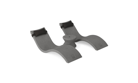 The Ledge Lounger Signature Chaise Headrest Pillow and Side Table In-Pool Set features two modern gray lounge chairs with curved seats, headrests, and a central side table—perfect for relaxing by the pool or in your outdoor paradise.