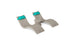 The Ledge Lounger Signature Chaise Headrest Pillow and Side Table In-Pool Set features two beige curved loungers with built-in aqua blue headrests connected by a round side table, ideal for enhancing your outdoor paradise. Shown on a plain white background.