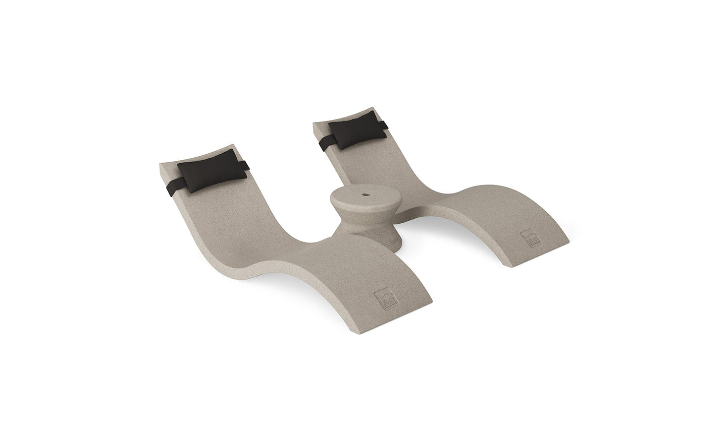 The Ledge Lounger Signature Chaise Headrest Pillow and Side Table In-Pool Set offers modern poolside comfort, featuring light gray curved seats, black headrests, and a shared base—ideal for outdoor relaxation. Set shown against a plain white background.