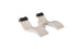The Ledge Lounger Signature Chaise Headrest Pillow and Side Table In-Pool Set features modern beige double wave-shaped chaise loungers with black headrest pillows and a round table between them, set against a white background.