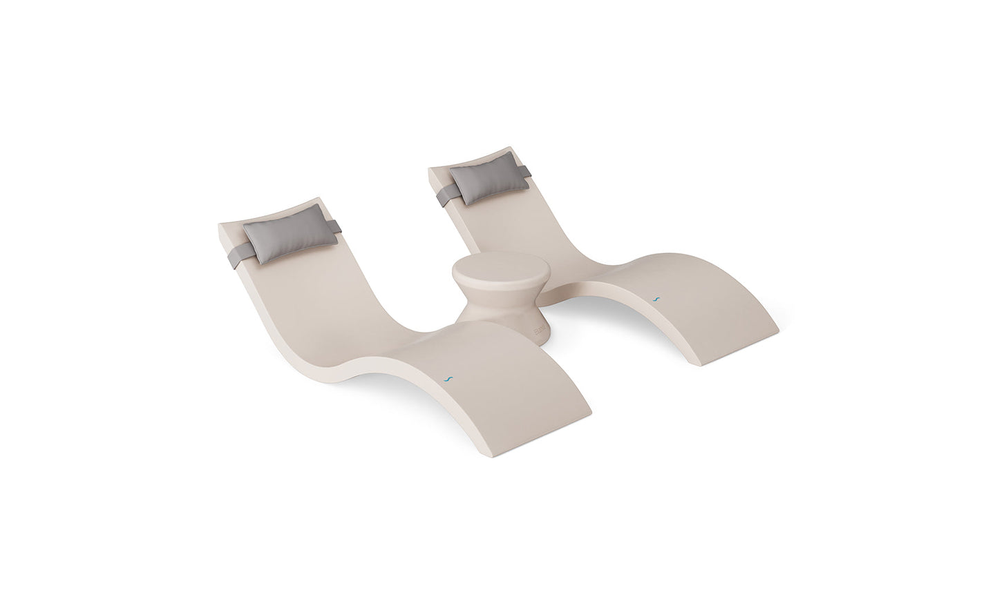 The Ledge Lounger Signature Chaise Headrest Pillow and Side Table In-Pool Set features two modern beige chaises with gray headrest pillows and a matching round side table, offering sleek, comfortable poolside seating against a white background.