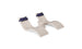 The Ledge Lounger Signature Chaise Headrest Pillow and Side Table In-Pool Set features two modern curved beige loungers with blue headrest pillows, connected by a round side table, creating a stylish poolside seating arrangement.