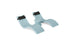 The Ledge Lounger Signature Chaise Headrest Pillow and Side Table In-Pool Set features two light blue curved seats with black headrests and a central round table—ideal pool ledge furniture for your outdoor paradise.