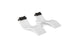 The Ledge Lounger Signature Chaise Headrest Pillow and Side Table In-Pool Set features two modern white curved seats, black headrests, and a central side table—ideal for transforming your outdoor space.