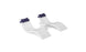 The Ledge Lounger Signature Chaise Headrest Pillow and Side Table In-Pool Set features two modern white chaise loungers with blue headrests connected by a sleek round table, ideal for relaxing and elevating your outdoor space.