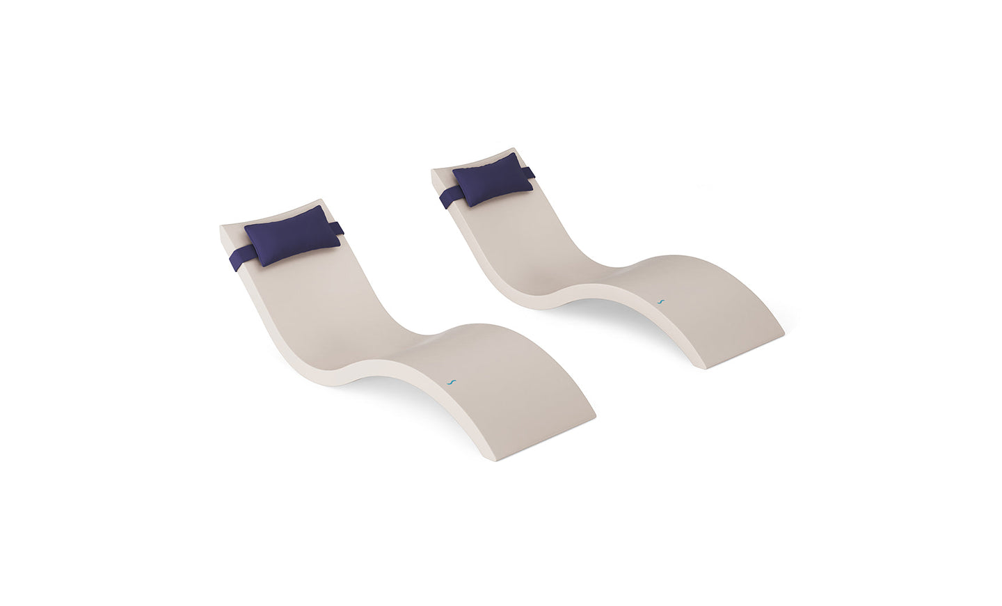 The Ledge Lounger Signature Chaise and Headrest Pillow In-Pool Set features two modern beige wavy lounge chairs with dark blue headrest pillows, placed side by side on a white background—ideal for stylish outdoor spaces.