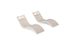 The Ledge Lounger Signature Chaise and Headrest Pillow In-Pool Set features two modern beige, wave-shaped lounges with white headrests, placed side by side, perfect for stylish outdoor or poolside settings.