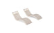 The Ledge Lounger Signature Chaise and Headrest Pillow In-Pool Set features two modern beige, wave-shaped lounges with white headrests, placed side by side, perfect for stylish outdoor or poolside settings.