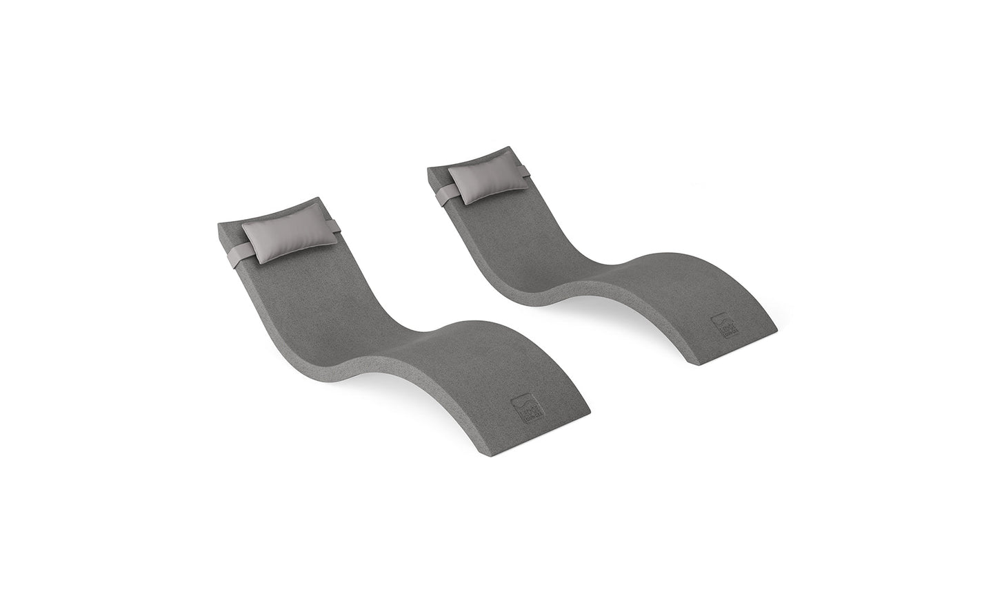 The Ledge Lounger Signature Chaise and Headrest Pillow In-Pool Set features two modern gray wave-shaped lounges, placed side by side, creating the perfect outdoor escape.