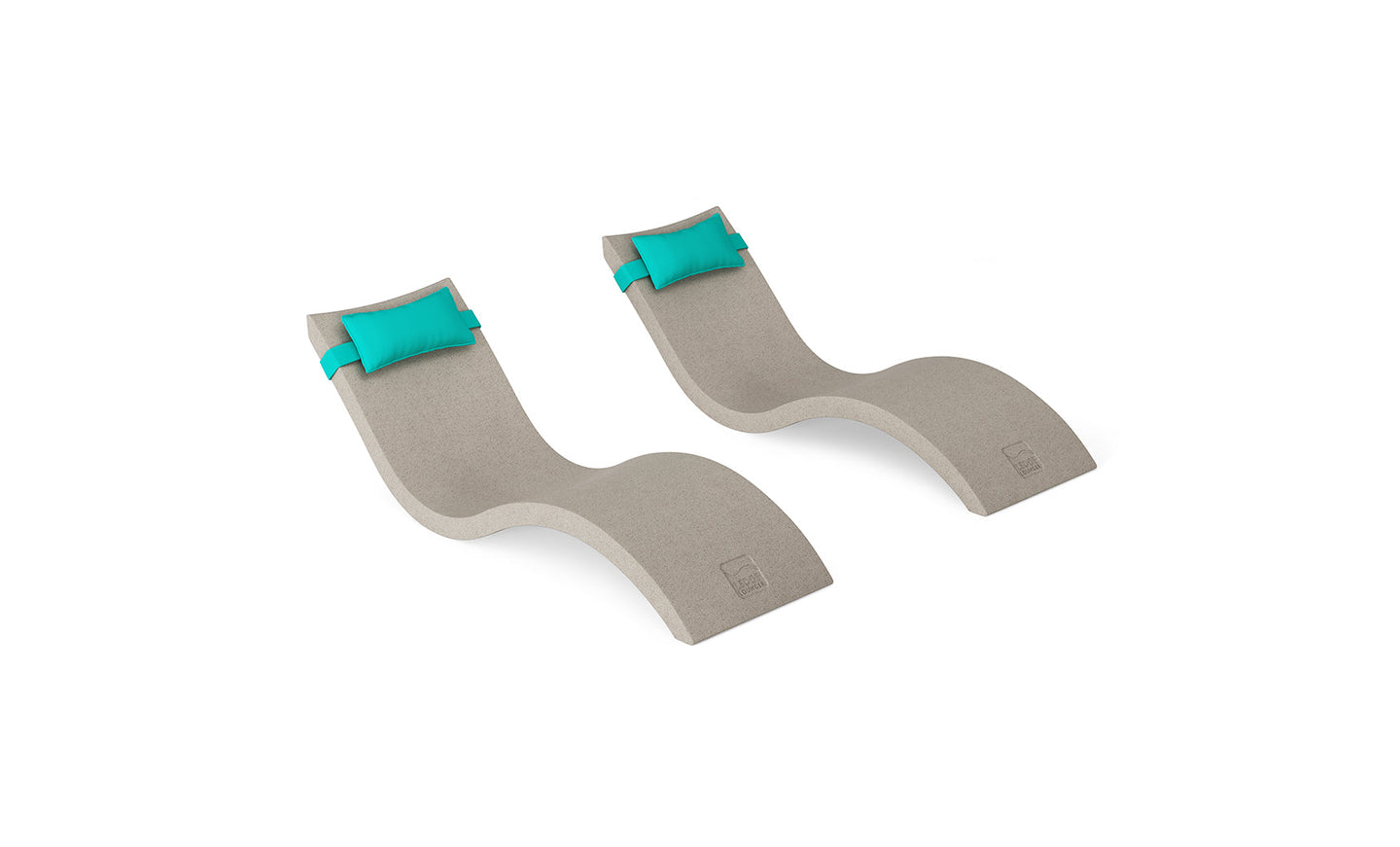 The Ledge Lounger Signature Chaise and Headrest Pillow In-Pool Set features two modern gray chaise lounges with turquoise headrest pillows, side by side on a white background—ideal for your outdoor retreat.