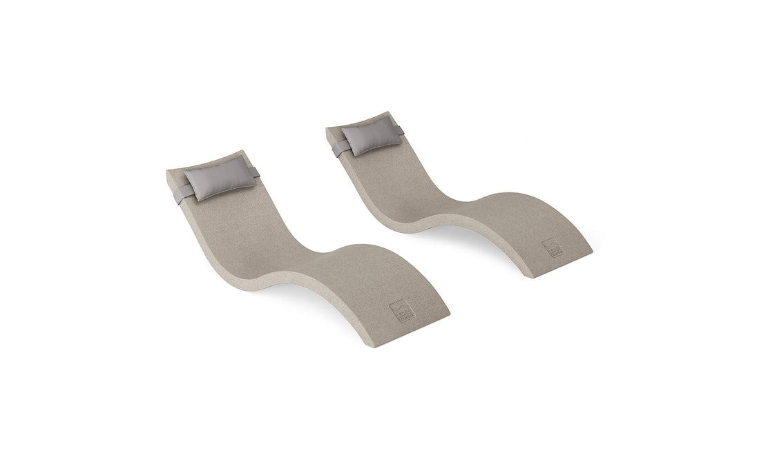 The Ledge Lounger Signature Chaise and Headrest Pillow In-Pool Set features two modern beige S-shaped loungers with gray headrests, placed side by side on a white background for the ideal outdoor escape.