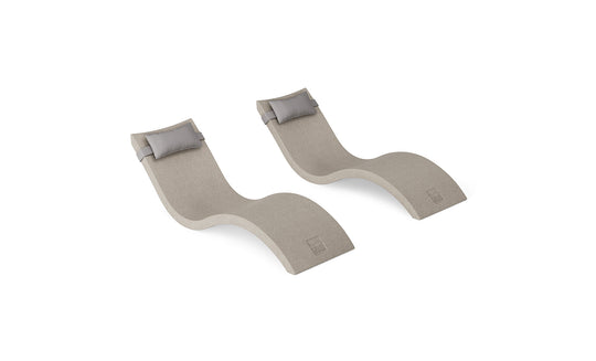 The Ledge Lounger Signature Chaise and Headrest Pillow In-Pool Set features two modern beige S-shaped loungers with gray headrests, placed side by side on a white background for the ideal outdoor escape.