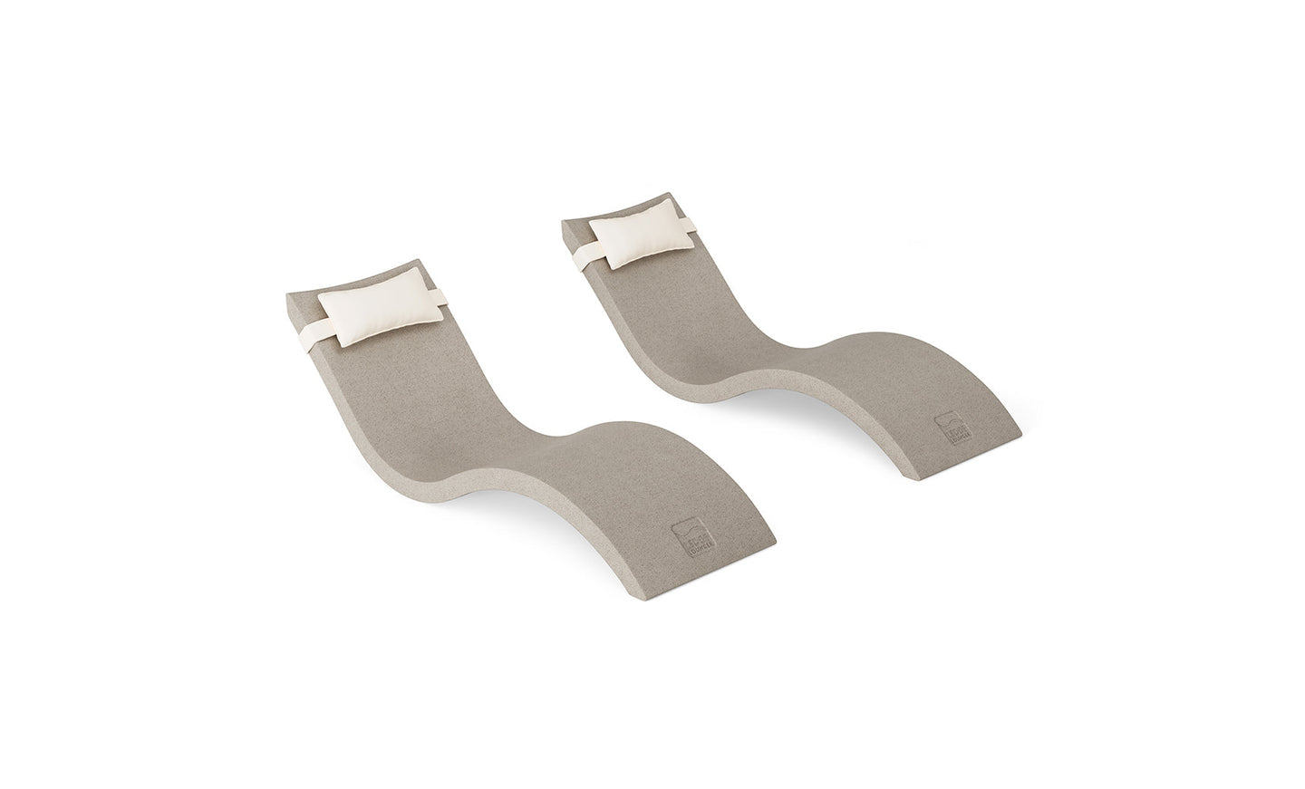 The Ledge Lounger Signature Chaise and Headrest Pillow In-Pool Set features two modern, curved lounge chairs in light grey with attached white headrests, shown on a white background for a sleek, minimalist outdoor look.