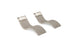 The Ledge Lounger Signature Chaise and Headrest Pillow In-Pool Set features two modern, curved lounge chairs in light grey with attached white headrests, shown on a white background for a sleek, minimalist outdoor look.
