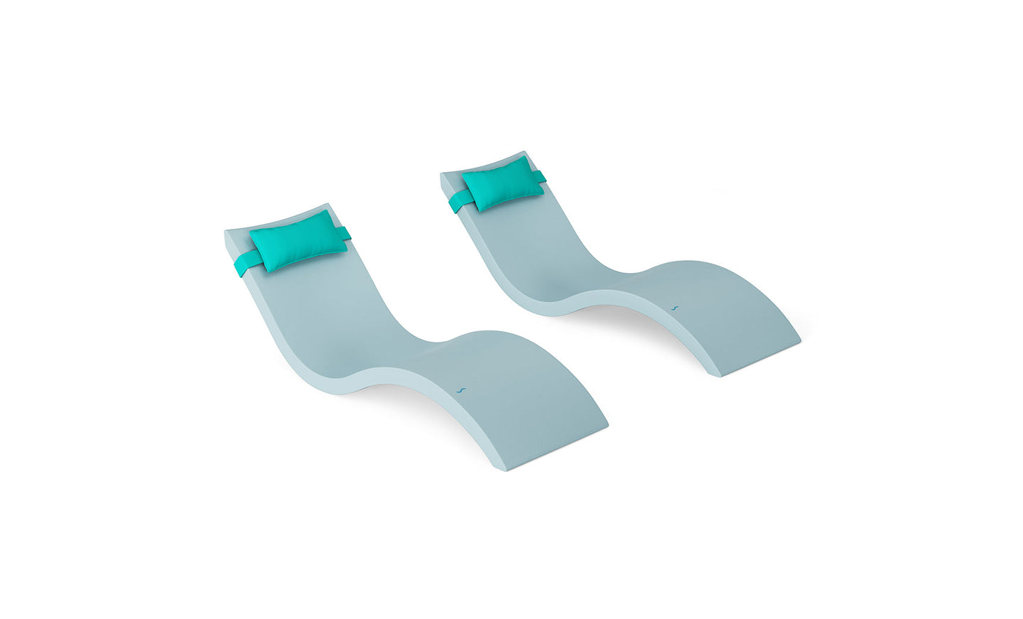 The Signature Chaise and Headrest Pillow In-Pool Set by Ledge Lounger features two modern light blue chaise lounges with soft teal pillows, creating an ideal outdoor retreat against a plain white background.