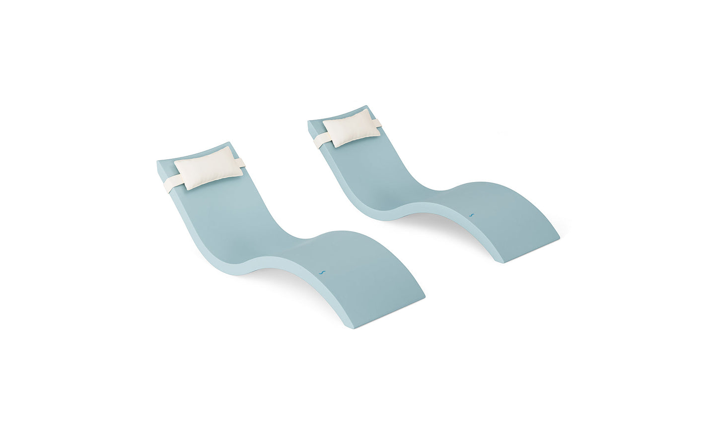 The Ledge Lounger Signature Chaise and Headrest Pillow In-Pool Set features two sleek, light blue lounge chairs with white pillows, placed side by side on a white backdrop—ideal for your outdoor relaxation.