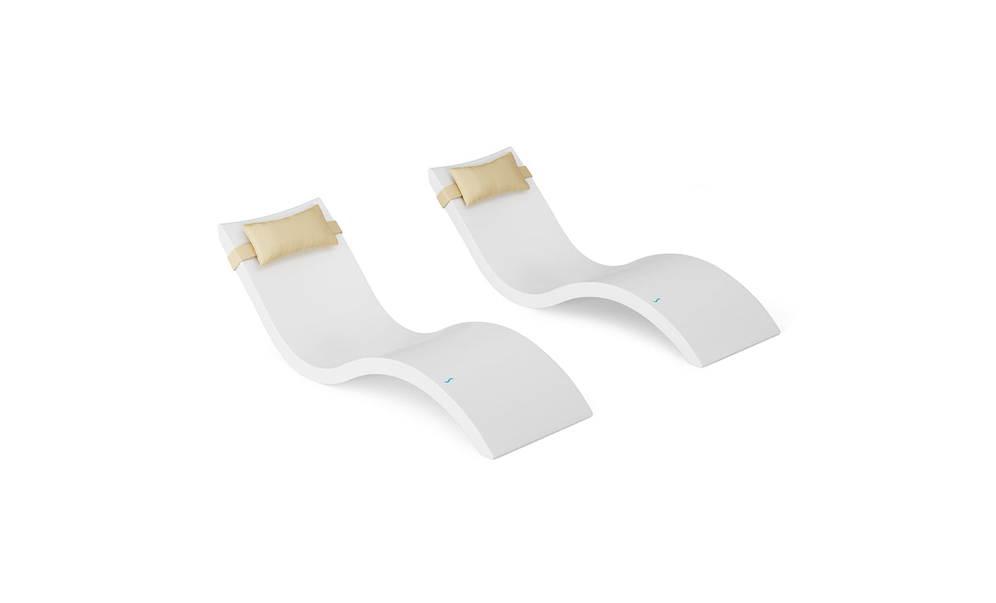 The Ledge Lounger Signature Chaise and Headrest Pillow In-Pool Set features two modern white wave-shaped loungers with beige headrest pillows, placed side by side—ideal as stylish outdoor or poolside furniture.
