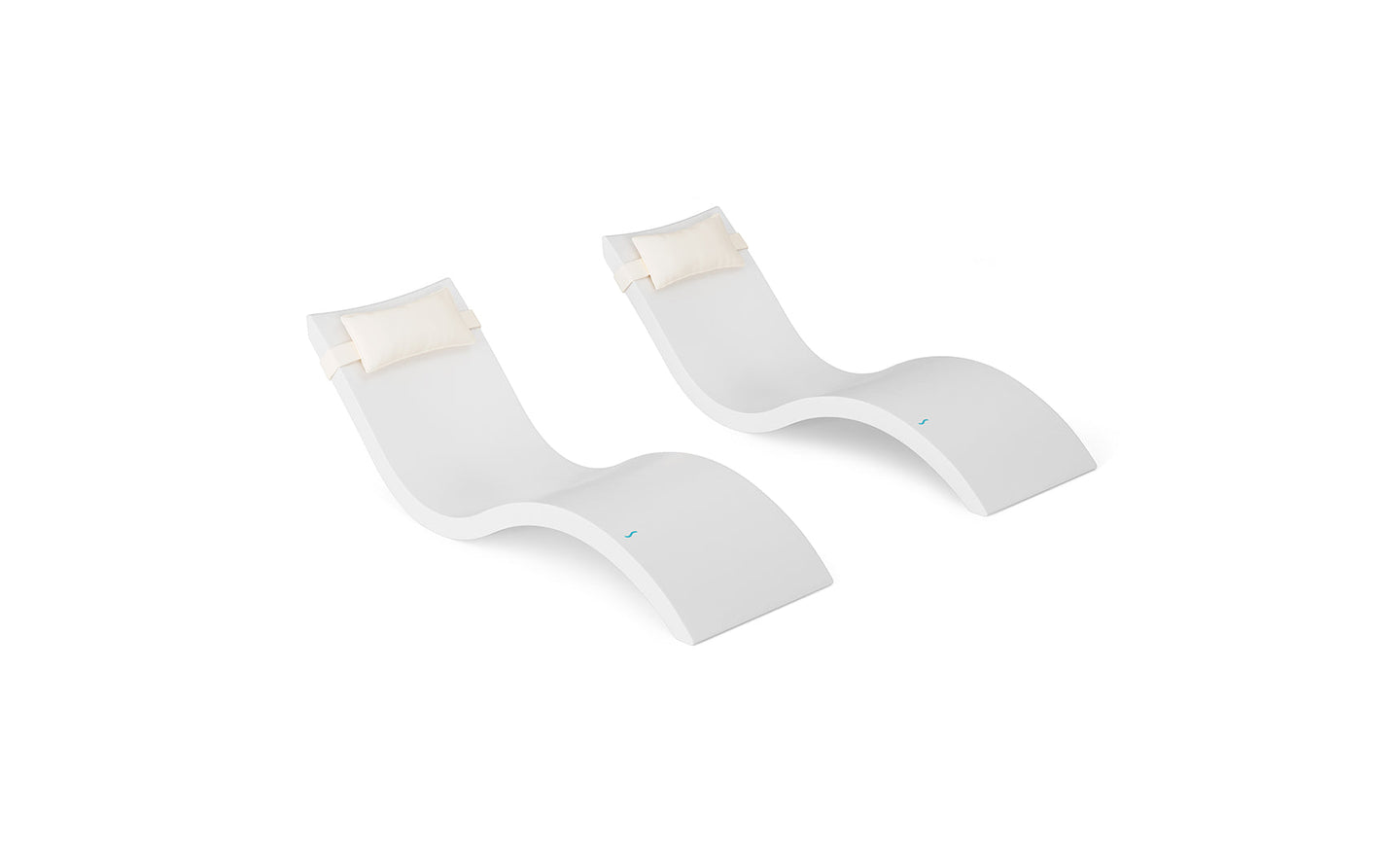 The Ledge Lounger Signature Chaise and Headrest Pillow In-Pool Set features two modern white lounge chairs with curved, wave-like designs and light headrest pillows, all set against a plain white background.